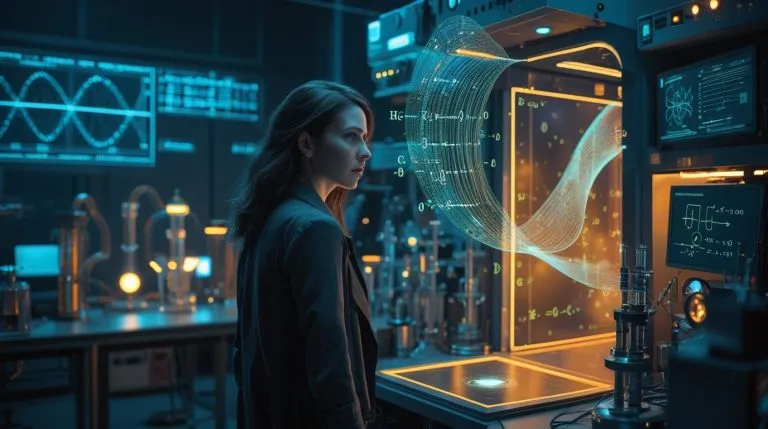 A woman in a laboratory stands before glowing quantum equipment, her face illuminated by the display screens showing data