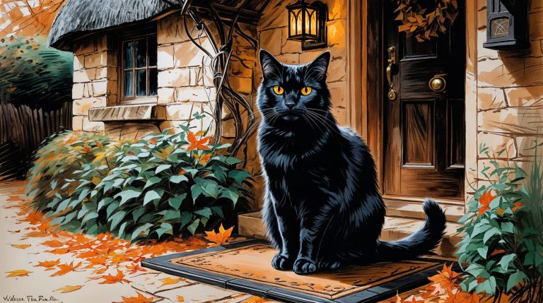 Black cat with golden eyes sitting on a welcome mat outside a thatched Cotswolds cottage in autumn