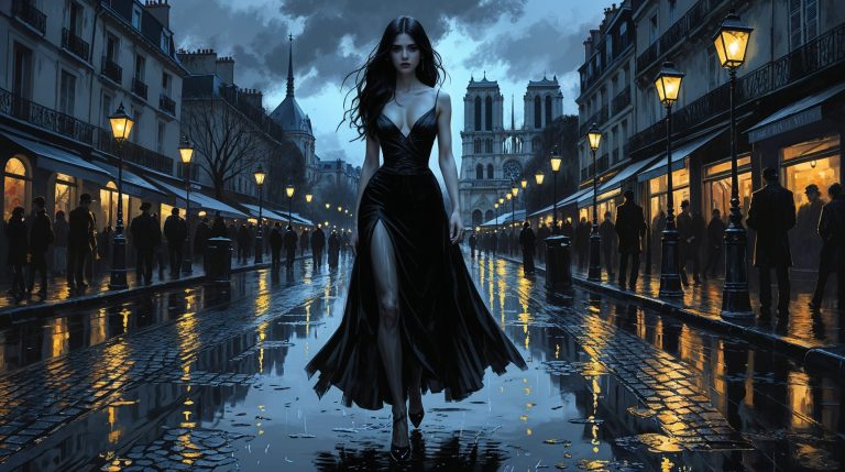Dark-haired woman in an elegant black dress walking wet Parisian cobblestone streets at midnight