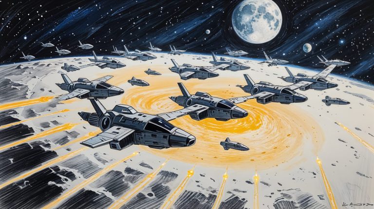 Fleet of spacecraft orbiting a glowing moon whose surface pulses with bioluminescent patterns