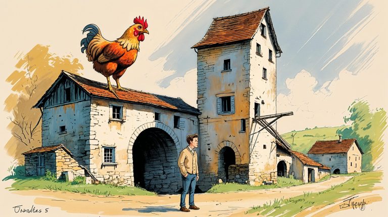 Dignified Faverolles chicken perched atop an abandoned French mill looking down at a confused man in a cardigan