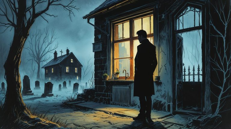 Narrow Bucharest house at night with warm kitchen light and a man's silhouette talking to empty space, foggy cemetery nearby