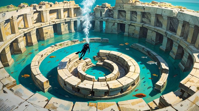 Lone scuba diver floating above underwater ruins of concentric ring walls with sunlight penetrating turquoise water