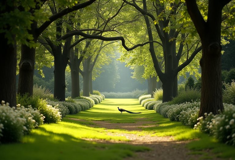 A peaceful herb garden with green plants and flowering herbs in sunlight, creating a serene natural setting for reflection.