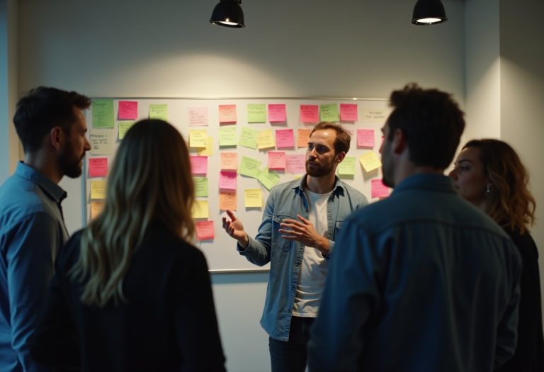 A technology team gathers around a board of colorful sticky notes during a lively agile standup meeting.