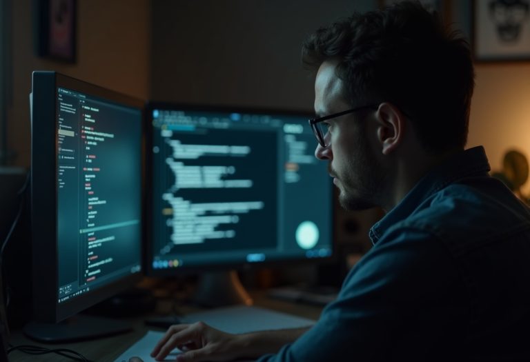 A professional writer reviews and corrects AI-generated text on a glowing screen with a critical eye.