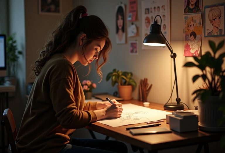 A young artist sketches anime characters at a brightly lit drawing desk surrounded by pinned concept art.