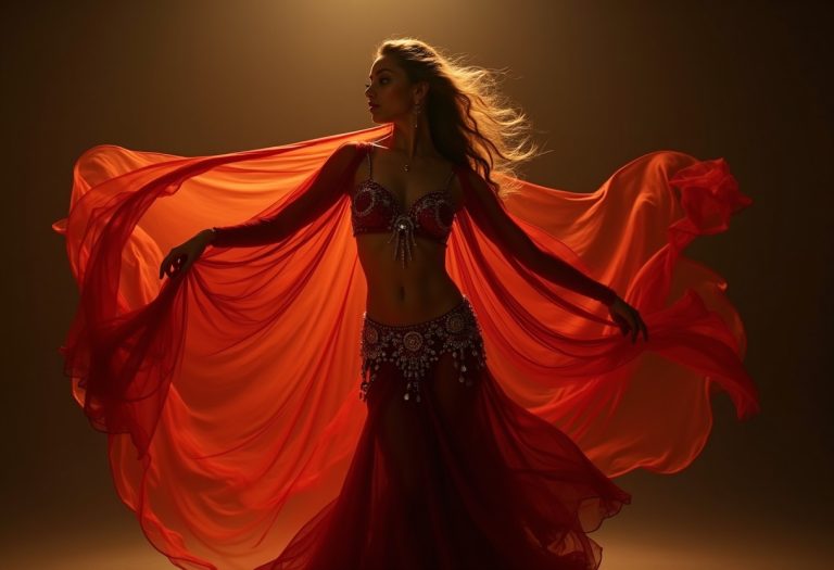A bellydancer in a coined costume poses mid-motion with flowing veils in warm jewel-toned studio light.