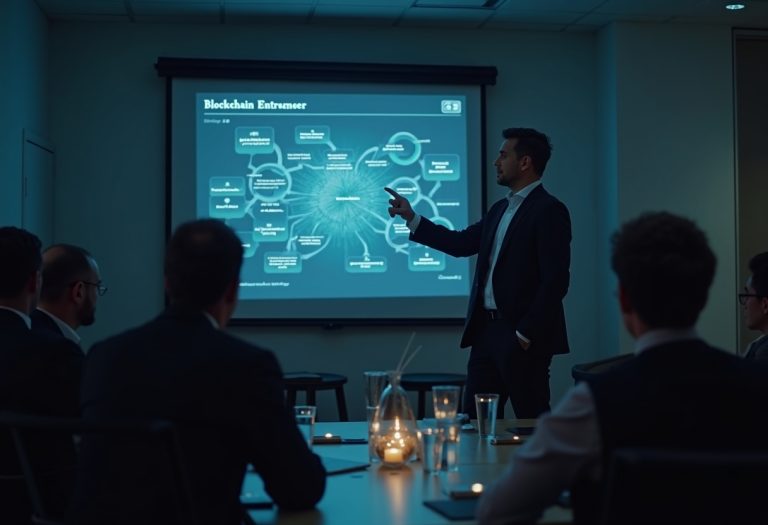 A blockchain entrepreneur presents to executives, pointing at a screen showing a network diagram.