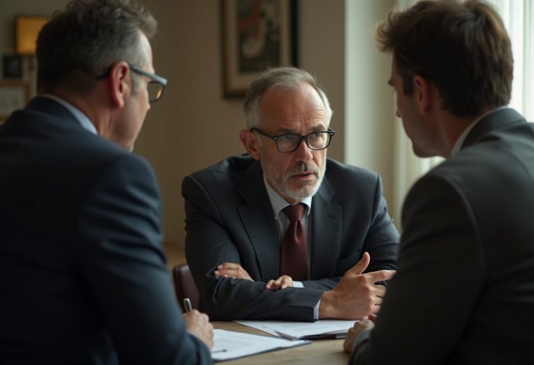An executive coach gestures thoughtfully across a desk while mentoring a client in a warm office.
