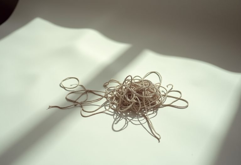 A tangled knot or maze with no clear path, suggesting confusion and the absence of logical reasoning. TITLE: Confusion and