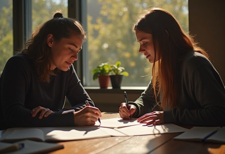 A book coach and an aspiring author review a manuscript outline side by side in a warm office.