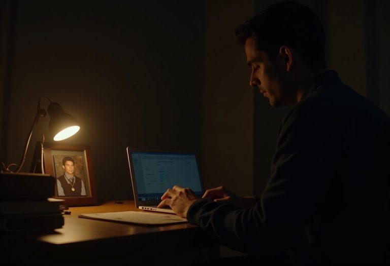A man works late at a desk beside a framed photo of a friend, honoring a promise by a single warm lamp.