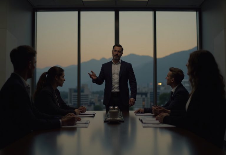 An experienced consultant presents to a boardroom of decision-makers at the head of the table.