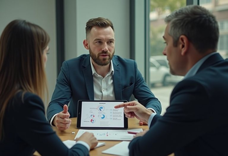 A manager listens intently as a consultant explains a concept on a tablet in a one-on-one conversation.