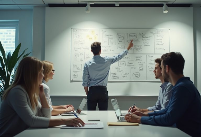 A leadership team maps out a transformation plan at a whiteboard in an animated working session.