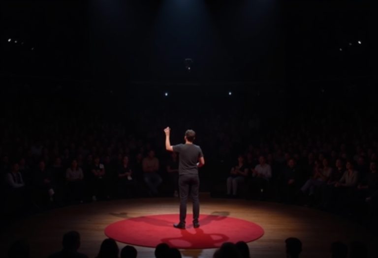 A speaker stands mid-talk on the iconic red circular carpet of a TEDx-style stage under a dramatic spotlight.