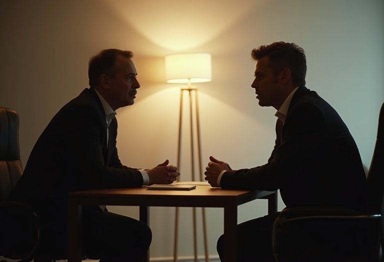 An executive coach and client lean in across a small table in focused discussion in warm office light.