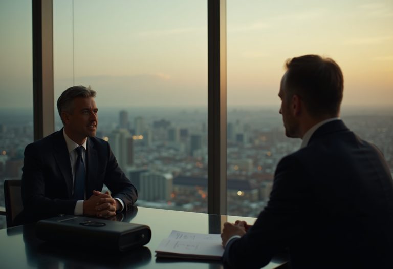 A senior executive is interviewed by a ghostwriter in a high-rise office with a city view.