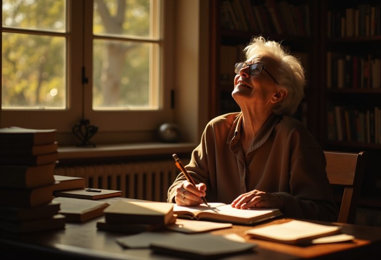 An older woman looks up with quiet joy at a sunlit desk surrounded by decades of handwritten journals.