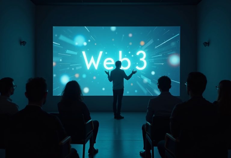 An innovation leader presents an immersive Web3 concept on a large screen to executives in a darkened room.