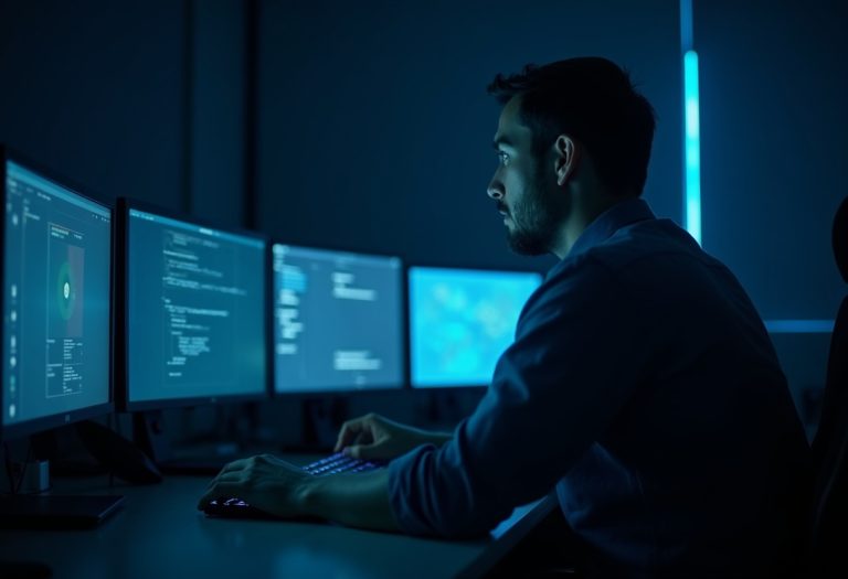 A focused cybersecurity professional reviews security documentation across multiple monitors at night.