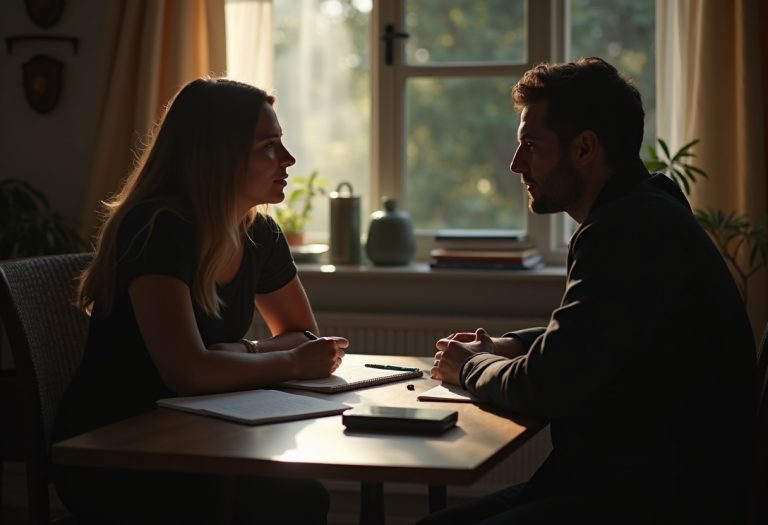 A professional ghostwriter interviews a client in a warm office with a recorder and notes on the table.