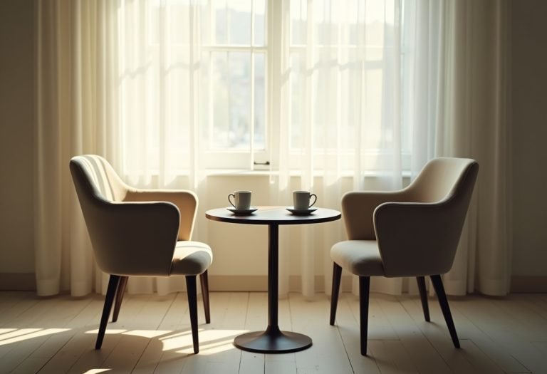 Two people sitting across from each other having a calm conversation, one listening while the other speaks.