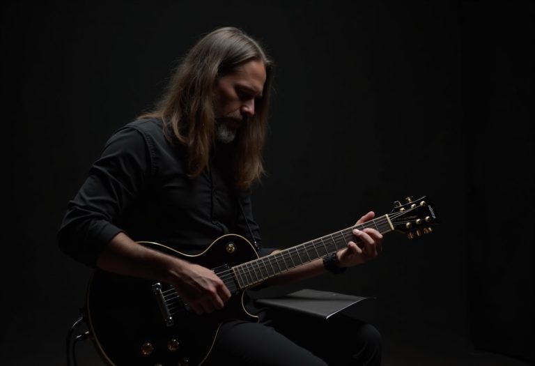 A long-haired rock musician with an electric guitar reads handwritten pages in a dim recording studio.