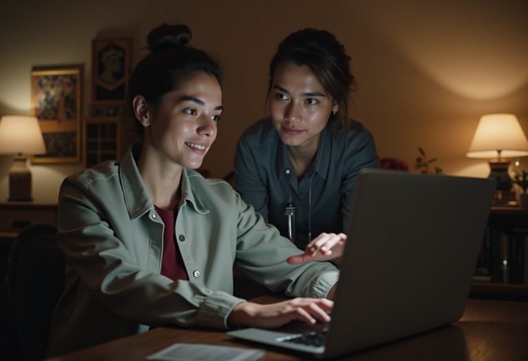 A friendly security professional points helpfully at a laptop screen for an everyday person at home.