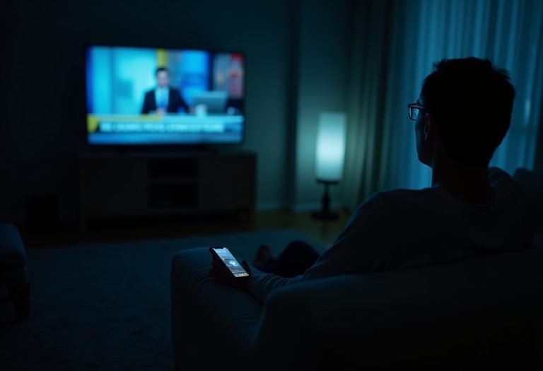 A person scrolling through a smartphone displaying negative news headlines and alarming stories.