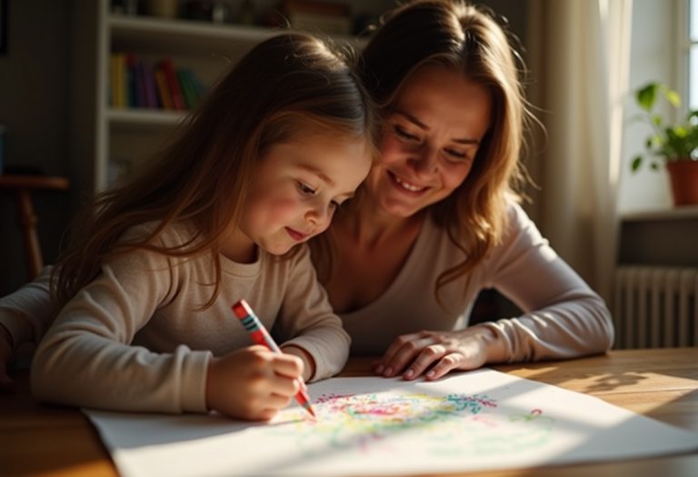 A mother and her young daughter look happily at the child's colorful crayon drawing of a character.