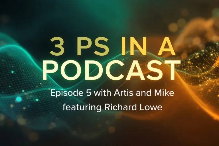 Richard Lowe speaking into a microphone during a podcast recording session with hosts Artis and Mike.