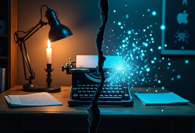 A ghostwriter at a desk reviewing manuscript pages while a computer screen glows nearby, illustrating the tension between