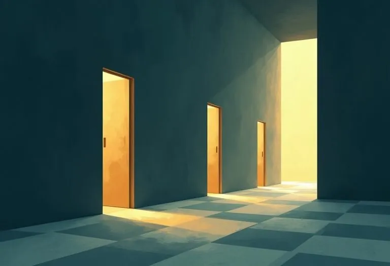 Three doorways in a hallway representing different levels of AI technology value, from replication to genuine innovation.