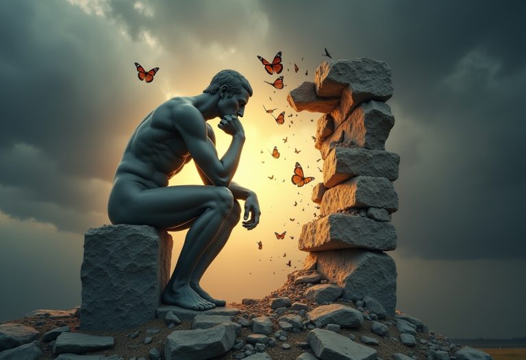 A person looking at an open book with a thought bubble showing changing ideas or evolving thoughts above their head. TITLE