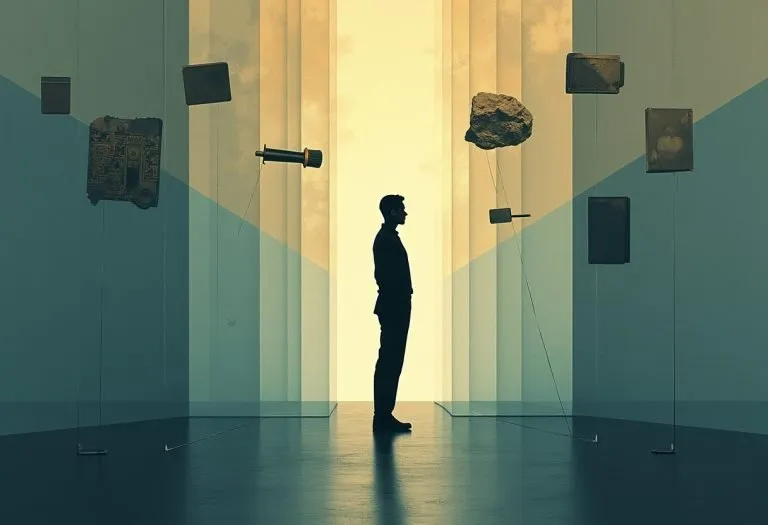 A person surrounded by books, photographs, and tools from different fields, representing the many interests of a polymath