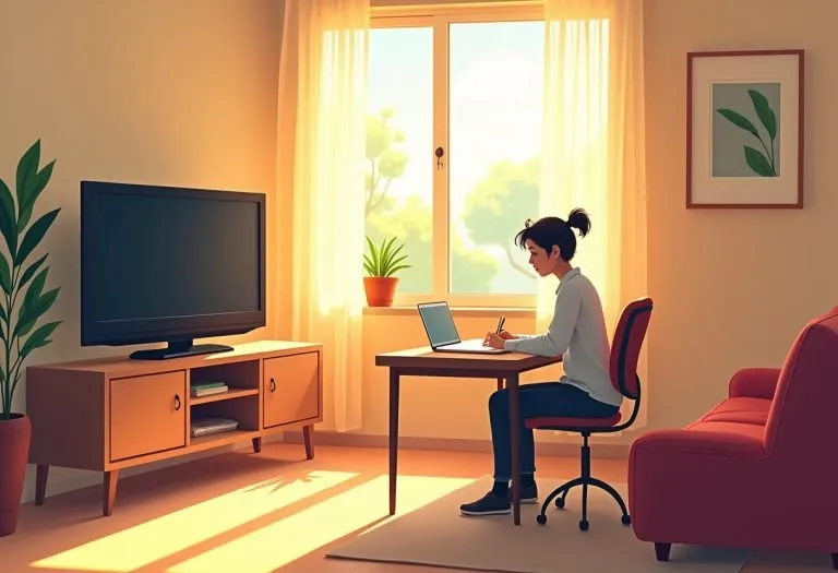 A person sitting on a couch holding a remote control, surrounded by screens and glowing devices in a darkened room.
