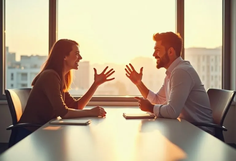 A person sitting across from another person at a desk, having a direct conversation about work, with honest feedback being