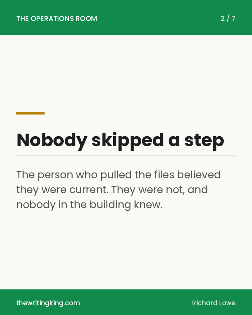 Nobody skipped a step. The person who pulled the files believed they were current. They were not, and nobody in the building knew.