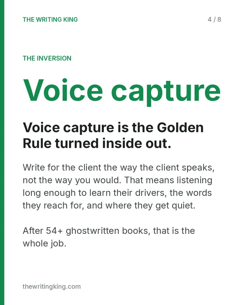 Voice capture is the Golden Rule turned inside out.. Write for the client the way the client speaks, not the way you would. That means listening long enough to learn their drivers, the words they reach for, and where they get quiet. After 54+ ghostw