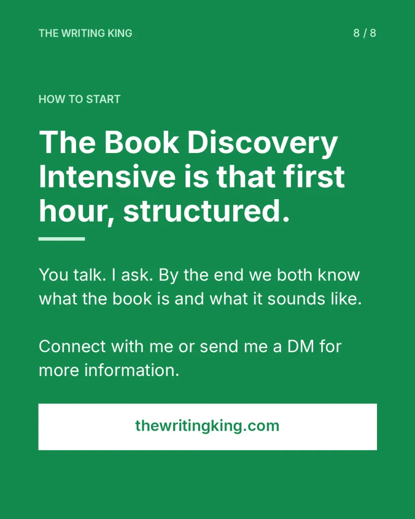 The Book Discovery Intensive is that first hour, structured.. You talk. I ask. By the end we both know what the book is and what it sounds like. Connect with me or send me a DM for more information.
