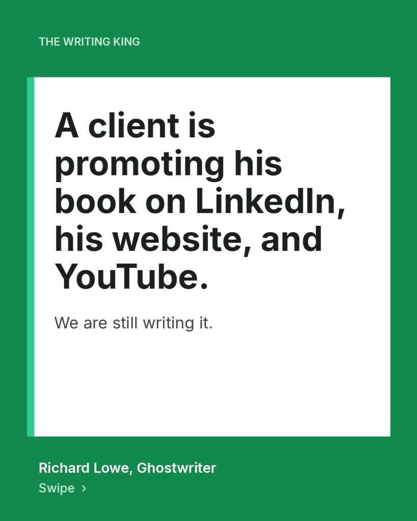 A client is promoting his book on LinkedIn, his website, and YouTube.