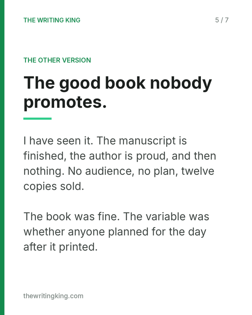 The good book nobody promotes.. I have seen it. The manuscript is finished, the author is proud, and then nothing. No audience, no plan, twelve copies sold. The book was fine. The variable was whether anyone planned for the day after it printed.