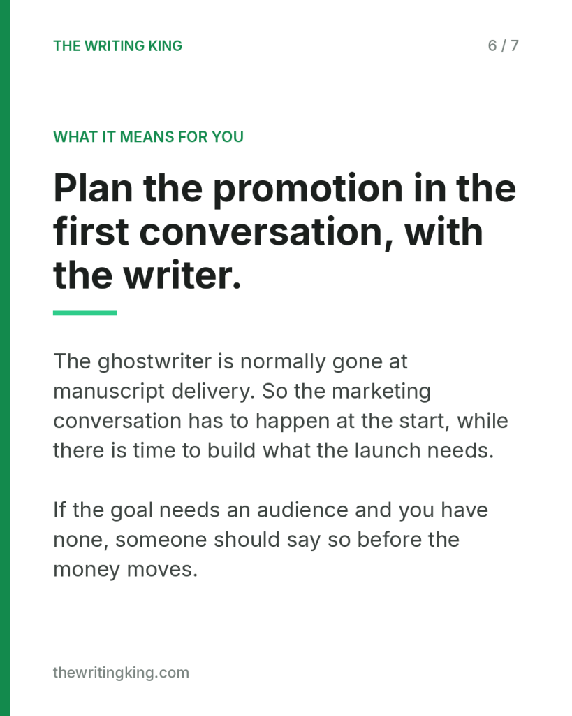 Plan the promotion in the first conversation, with the writer.. The ghostwriter is normally gone at manuscript delivery. So the marketing conversation has to happen at the start, while there is time to build what the launch needs. If the goal needs