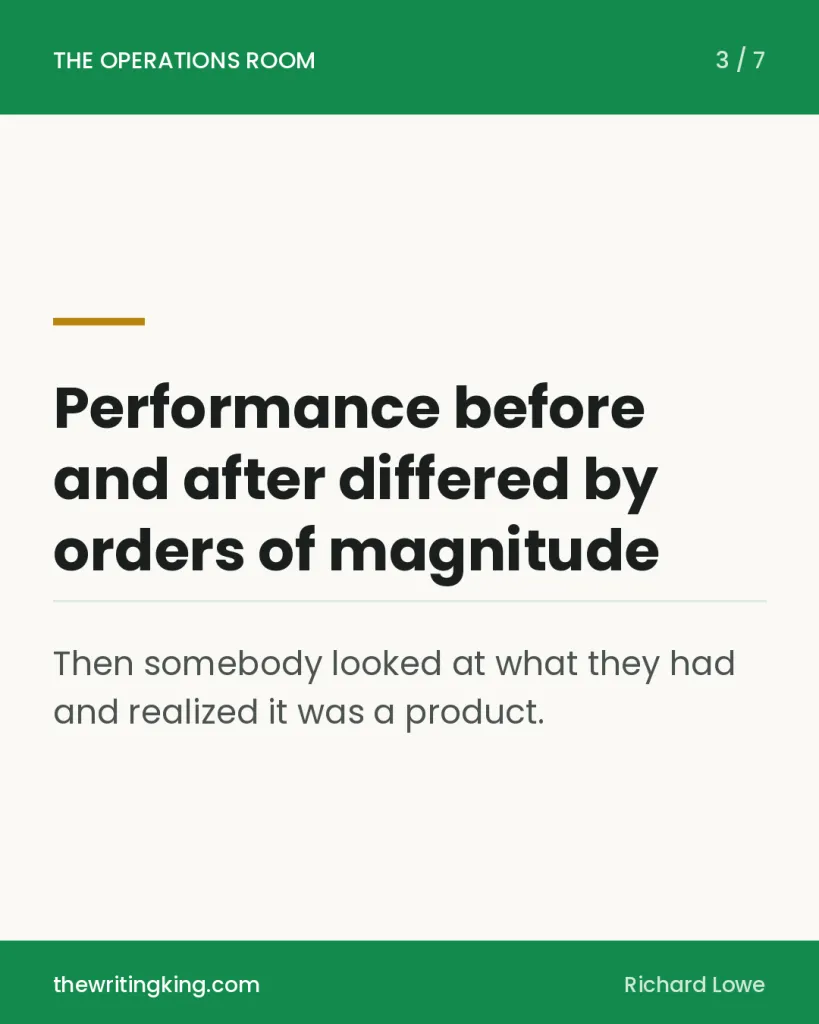 Performance before and after differed by orders of magnitude. Then somebody looked at what they had and realized it was a product.