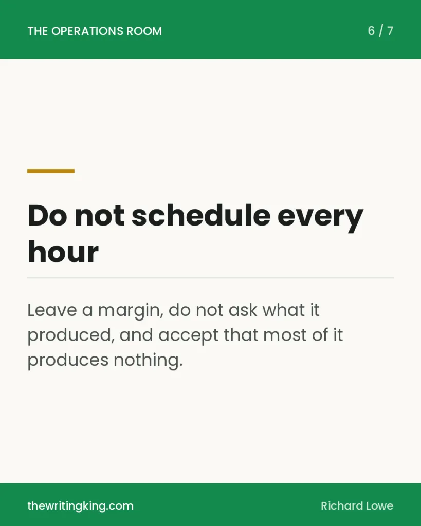 Do not schedule every hour. Leave a margin, do not ask what it produced, and accept that most of it produces nothing.