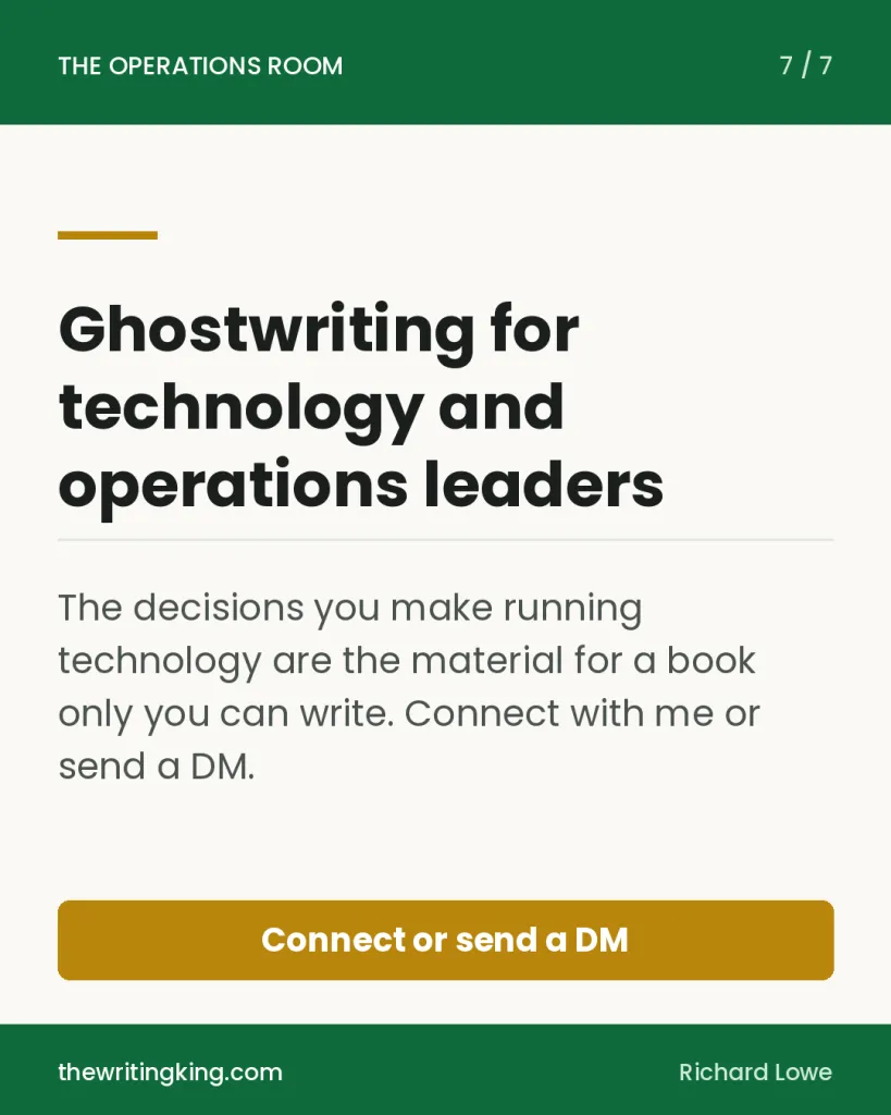 Ghostwriting for technology and operations leaders. The decisions you make running technology are the material for a book only you can write. Connect with me or send a DM.