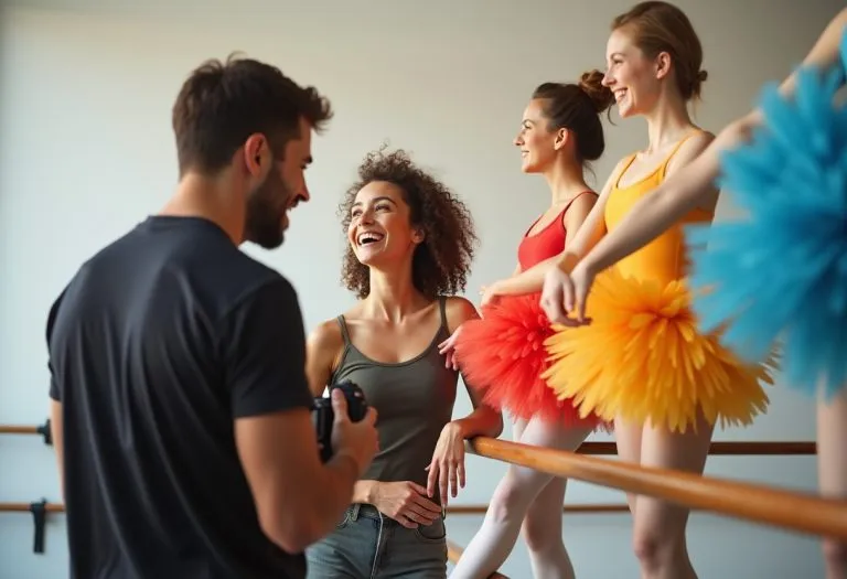 A man holds a camera while photographing a woman in a studio or outdoor setting, both focused on the work at hand. TITLE
