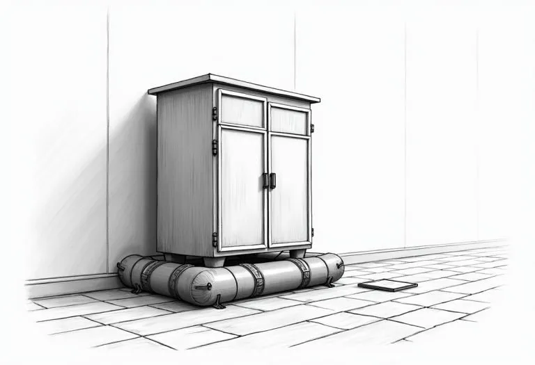 A large metal cabinet being lifted on an inflatable bladder with bracing and rigging equipment in a computer room.